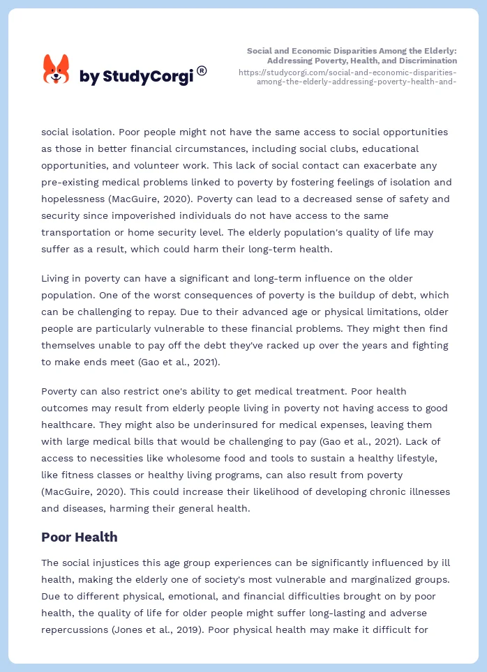 Social and Economic Disparities Among the Elderly: Addressing Poverty, Health, and Discrimination. Page 2