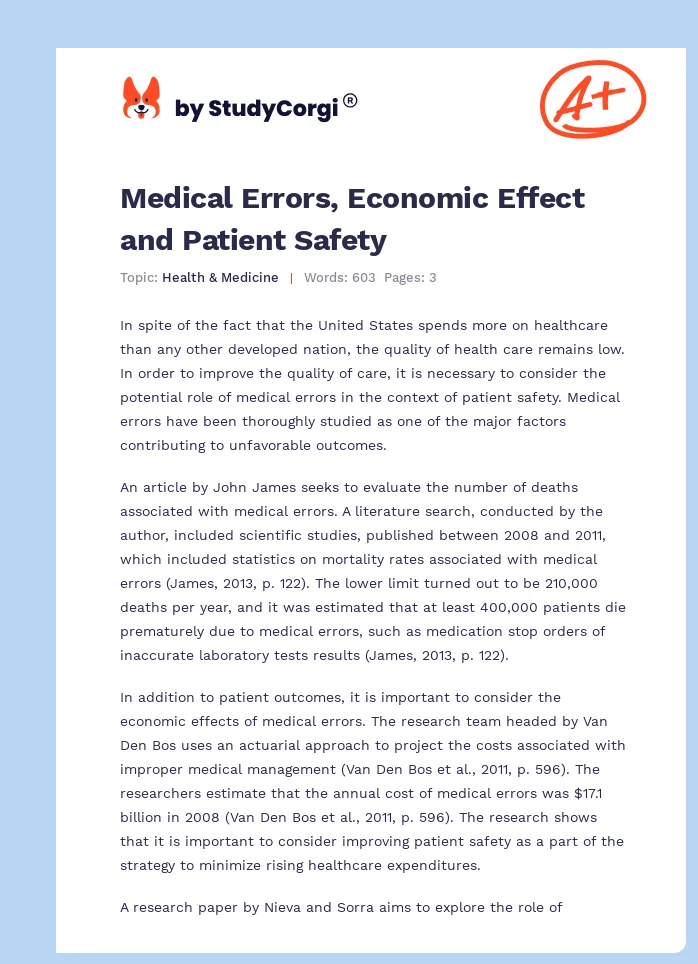 Medical Errors, Economic Effect and Patient Safety. Page 1