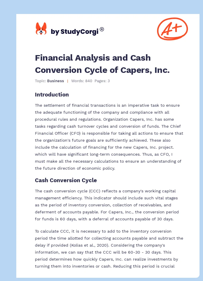 Financial Analysis and Cash Conversion Cycle of Capers, Inc.. Page 1