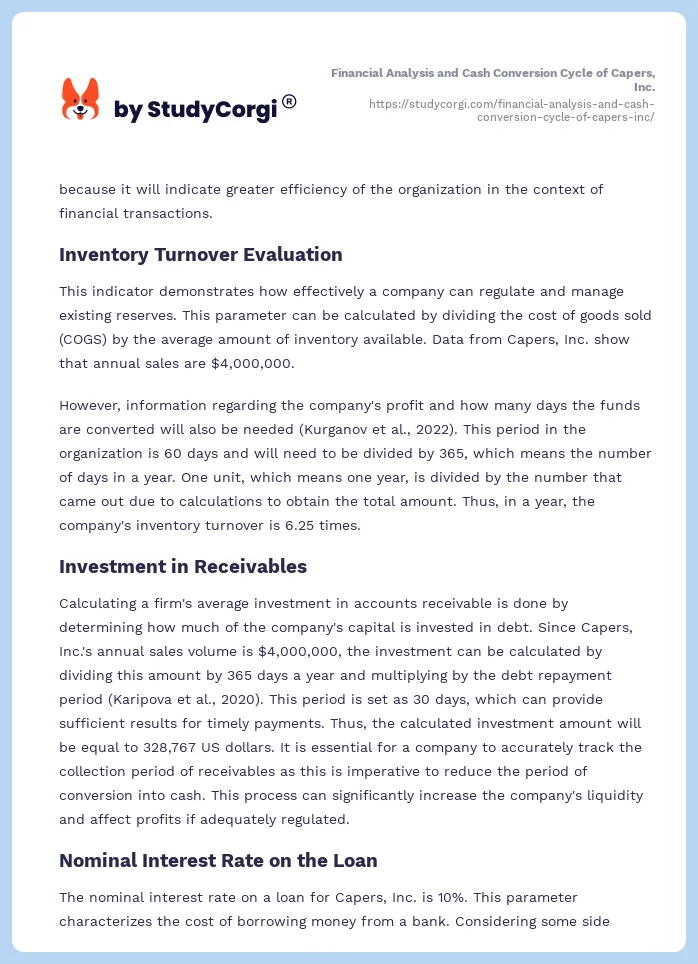 Financial Analysis and Cash Conversion Cycle of Capers, Inc.. Page 2