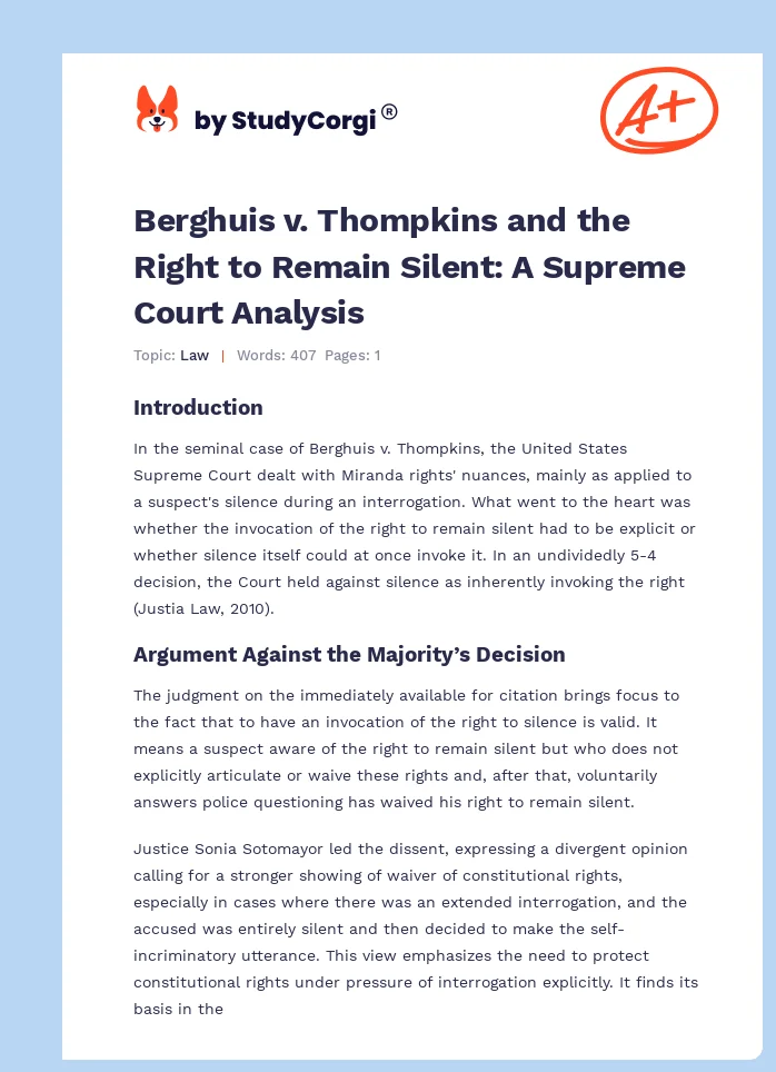 Berghuis v. Thompkins and the Right to Remain Silent: A Supreme Court Analysis. Page 1