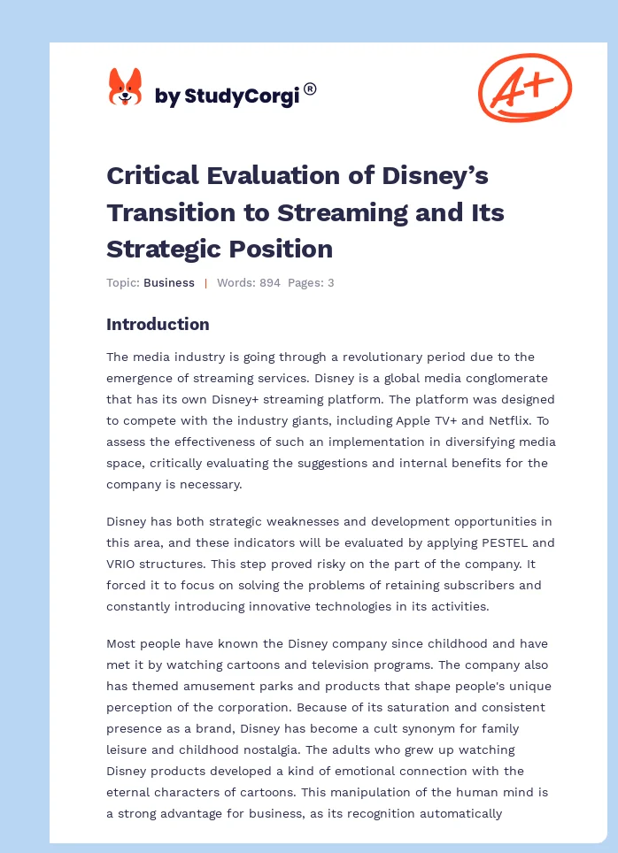 Critical Evaluation of Disney’s Transition to Streaming and Its Strategic Position. Page 1