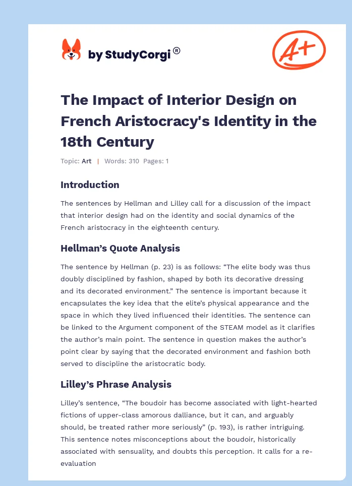 The Impact of Interior Design on French Aristocracy's Identity in the 18th Century. Page 1