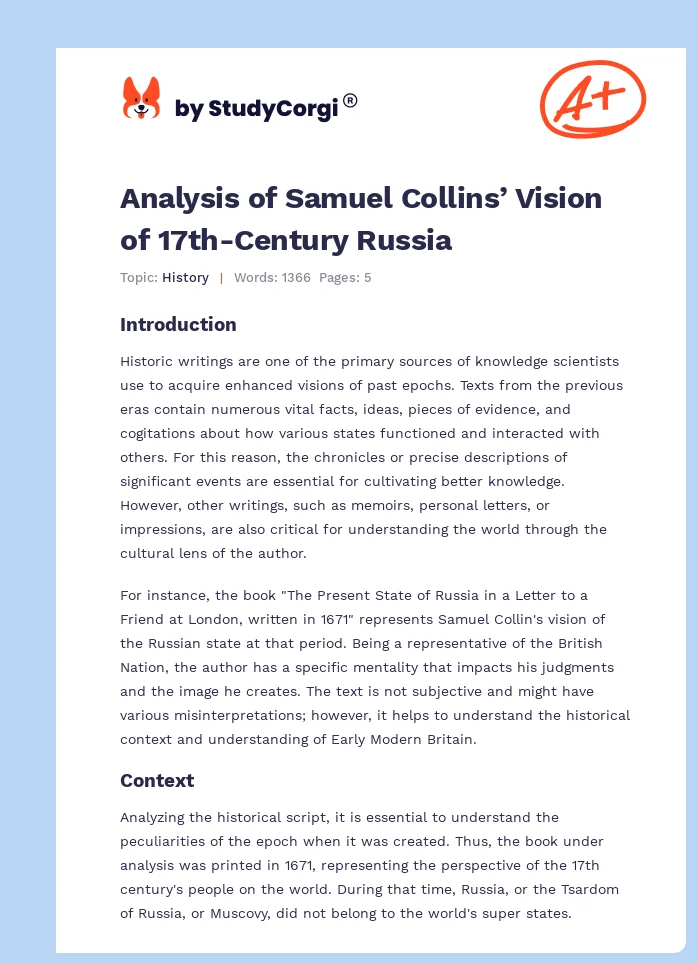 Analysis of Samuel Collins’ Vision of 17th-Century Russia. Page 1