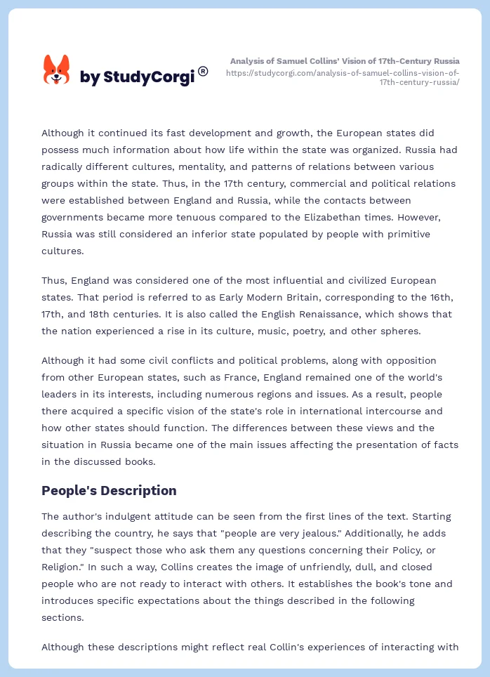 Analysis of Samuel Collins’ Vision of 17th-Century Russia. Page 2
