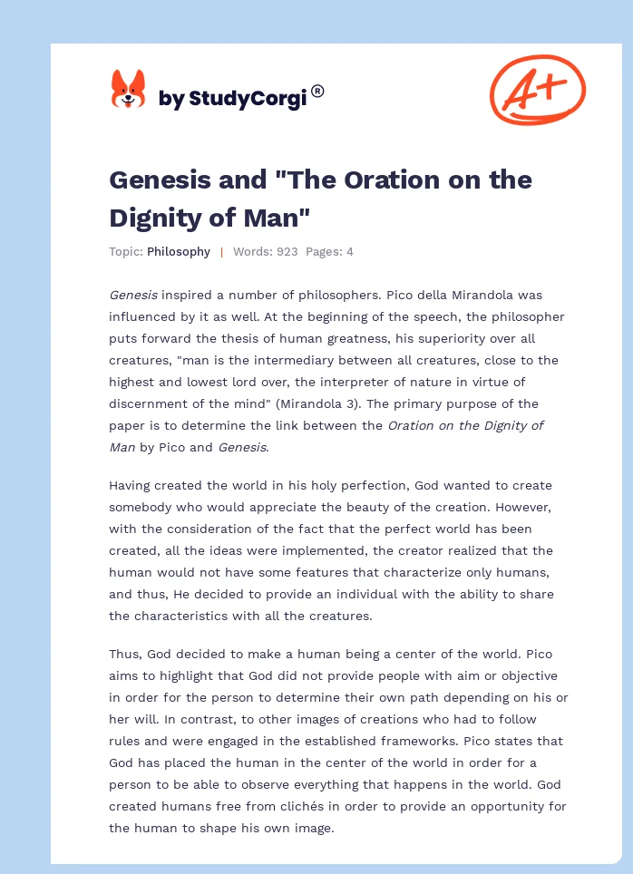 Genesis and "The Oration on the Dignity of Man". Page 1