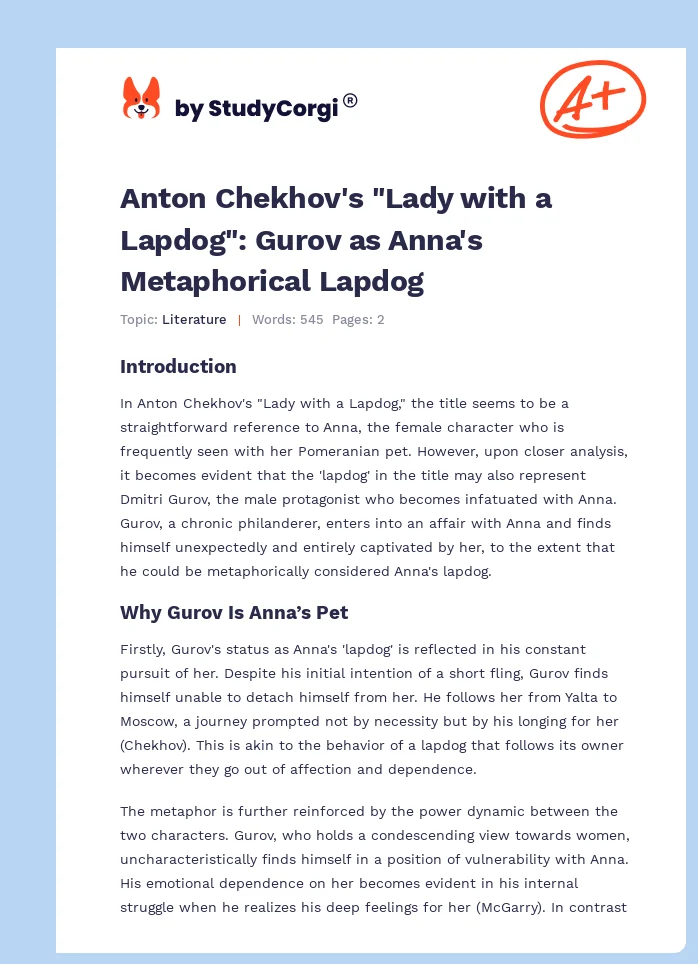 Anton Chekhov's "Lady with a Lapdog": Gurov as Anna's Metaphorical Lapdog. Page 1
