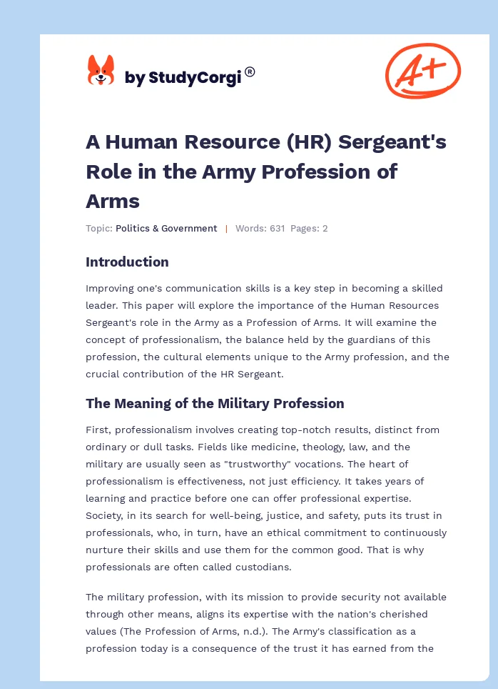 A Human Resource (HR) Sergeant's Role in the Army Profession of Arms. Page 1