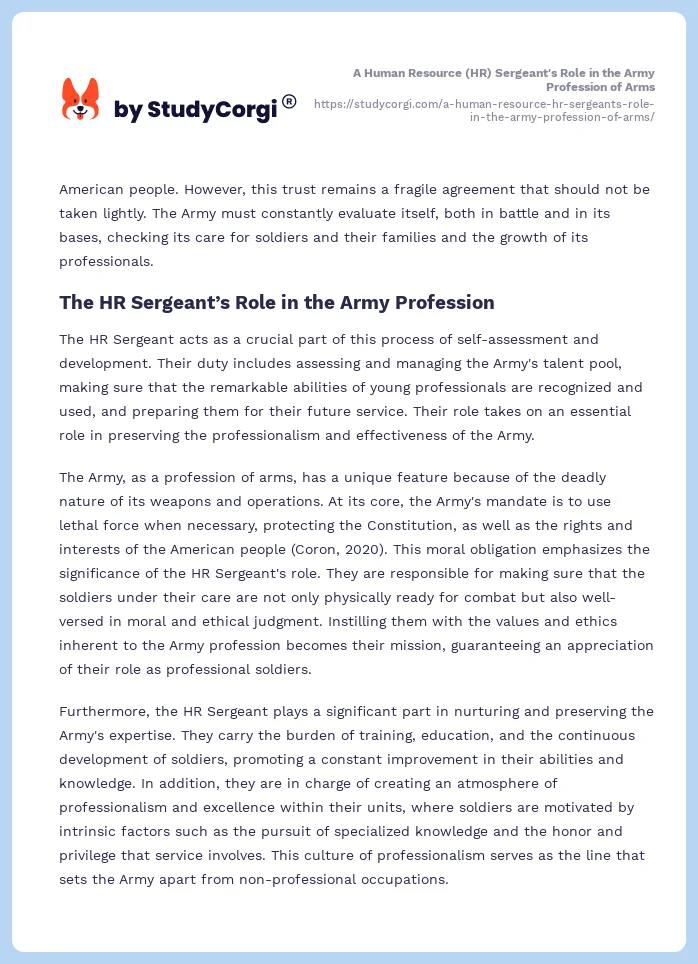 A Human Resource (HR) Sergeant's Role in the Army Profession of Arms. Page 2