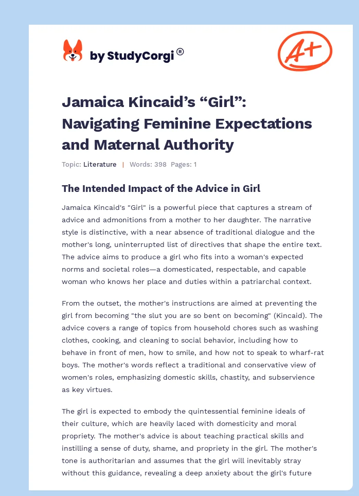 Jamaica Kincaid’s “Girl”: Navigating Feminine Expectations and Maternal Authority. Page 1