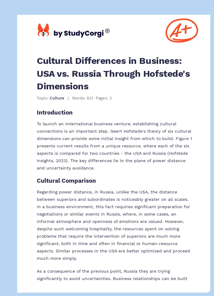 Cultural Differences in Business: USA vs. Russia Through Hofstede's Dimensions. Page 1
