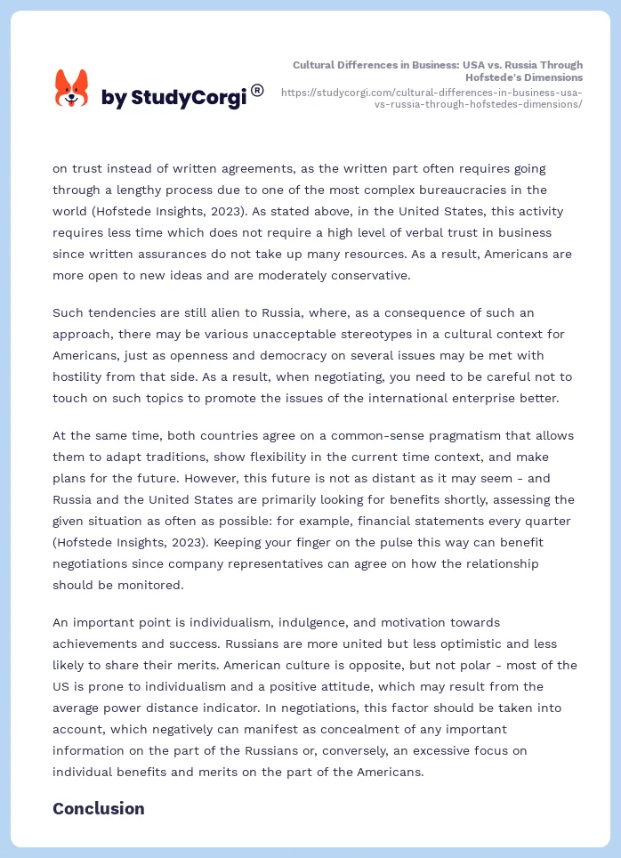 Cultural Differences in Business: USA vs. Russia Through Hofstede's Dimensions. Page 2