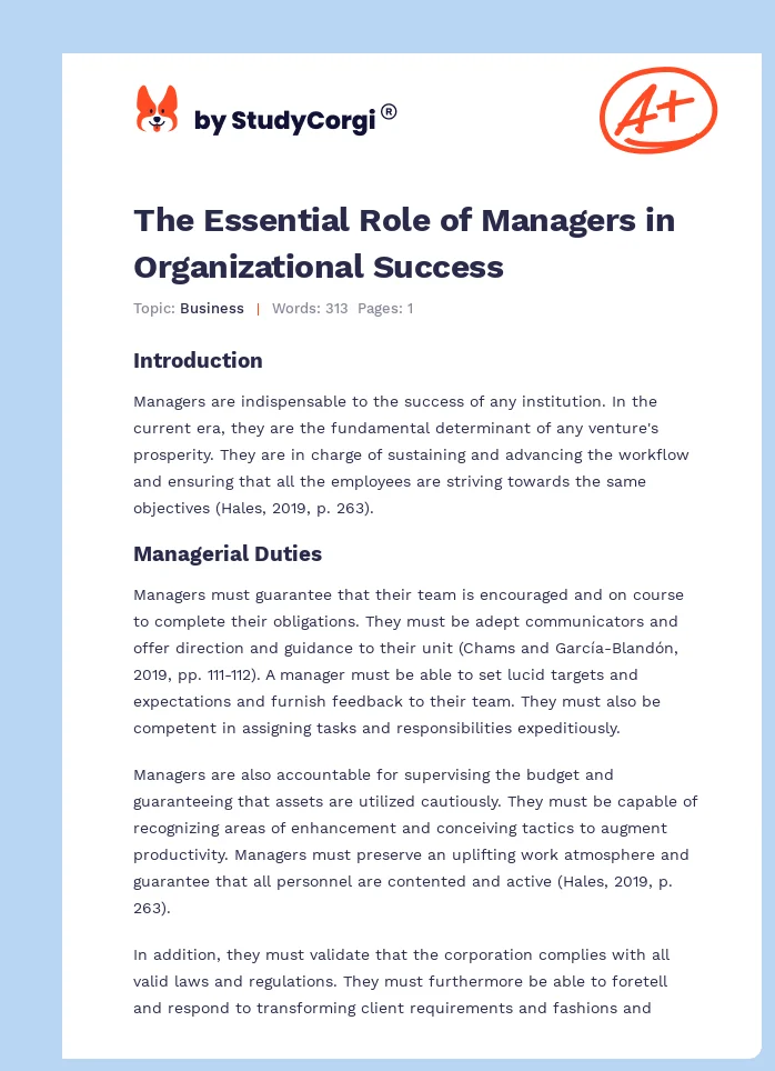 The Essential Role of Managers in Organizational Success. Page 1