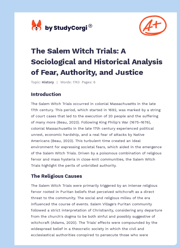 The Salem Witch Trials: A Sociological and Historical Analysis of Fear, Authority, and Justice. Page 1