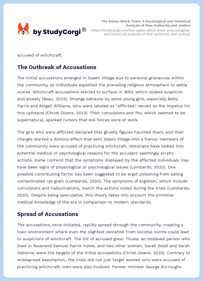 The Salem Witch Trials: A Sociological and Historical Analysis of Fear, Authority, and Justice. Page 2