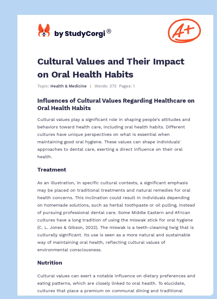 Cultural Values and Their Impact on Oral Health Habits. Page 1