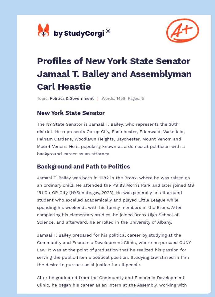 Profiles of New York State Senator Jamaal T. Bailey and Assemblyman Carl Heastie. Page 1