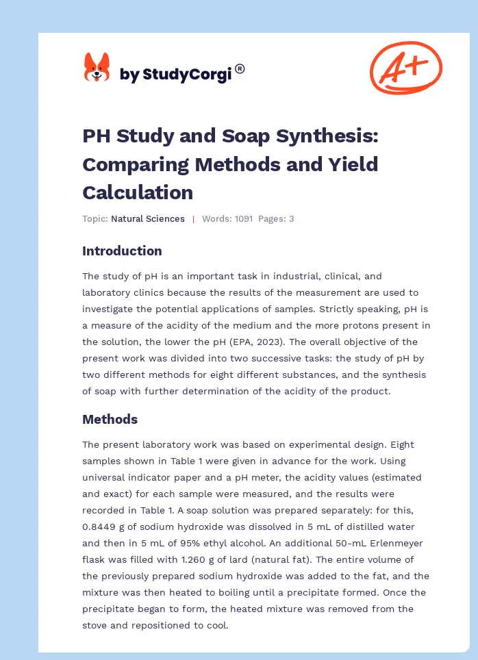 PH Study and Soap Synthesis: Comparing Methods and Yield Calculation. Page 1