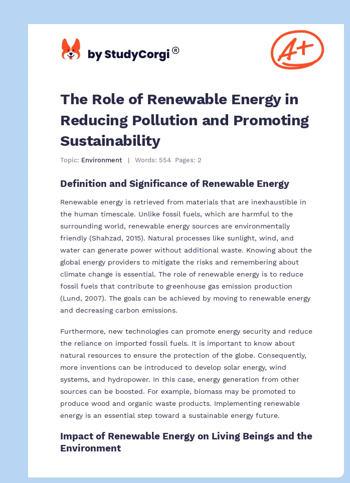 The Role of Renewable Energy in Reducing Pollution and Promoting Sustainability. Page 1