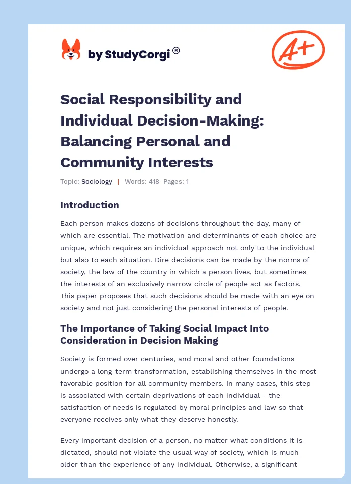 Social Responsibility and Individual Decision-Making: Balancing Personal and Community Interests. Page 1