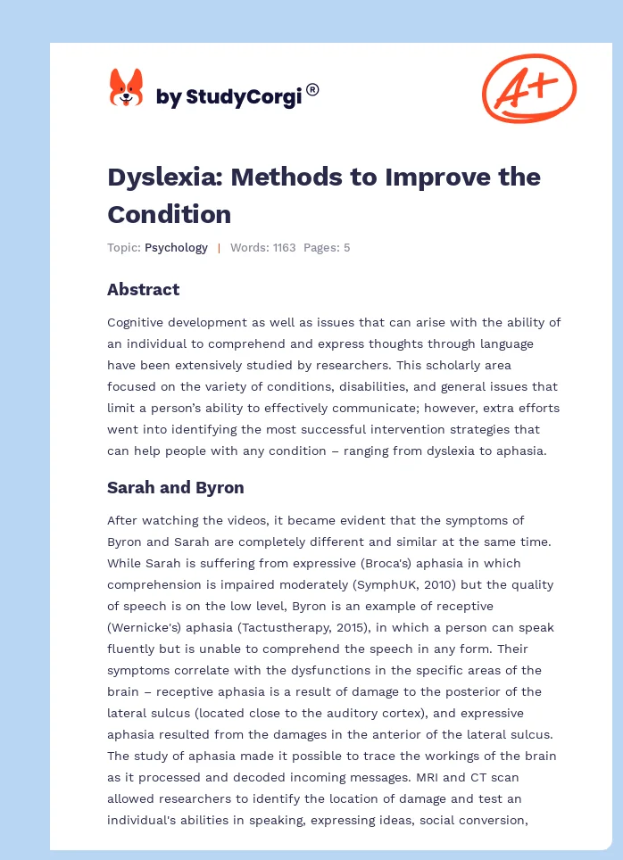 Dyslexia: Methods to Improve the Condition. Page 1