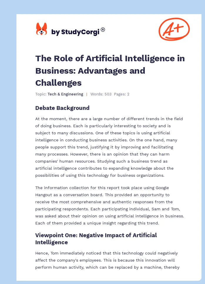 The Role of Artificial Intelligence in Business: Advantages and Challenges. Page 1