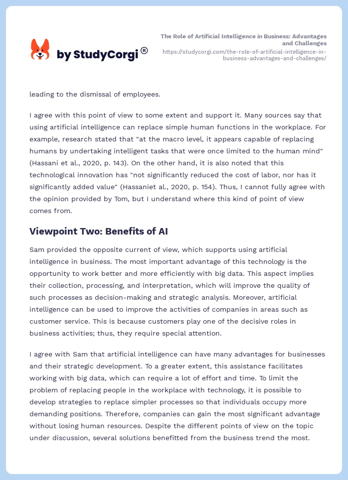 The Role of Artificial Intelligence in Business: Advantages and Challenges. Page 2
