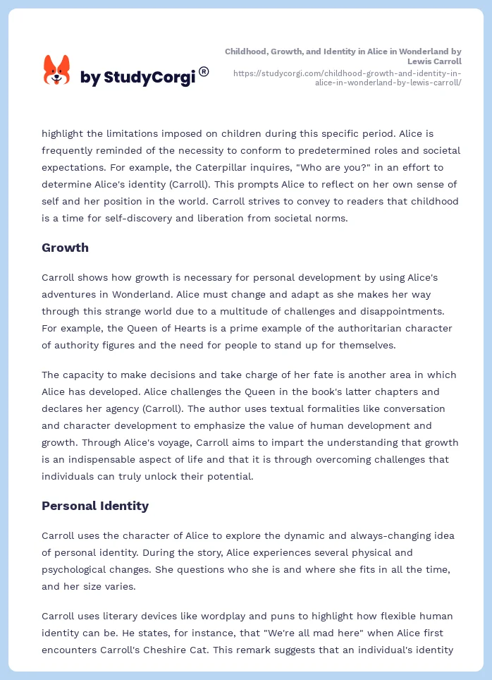 Childhood, Growth, and Identity in Alice in Wonderland by Lewis Carroll. Page 2