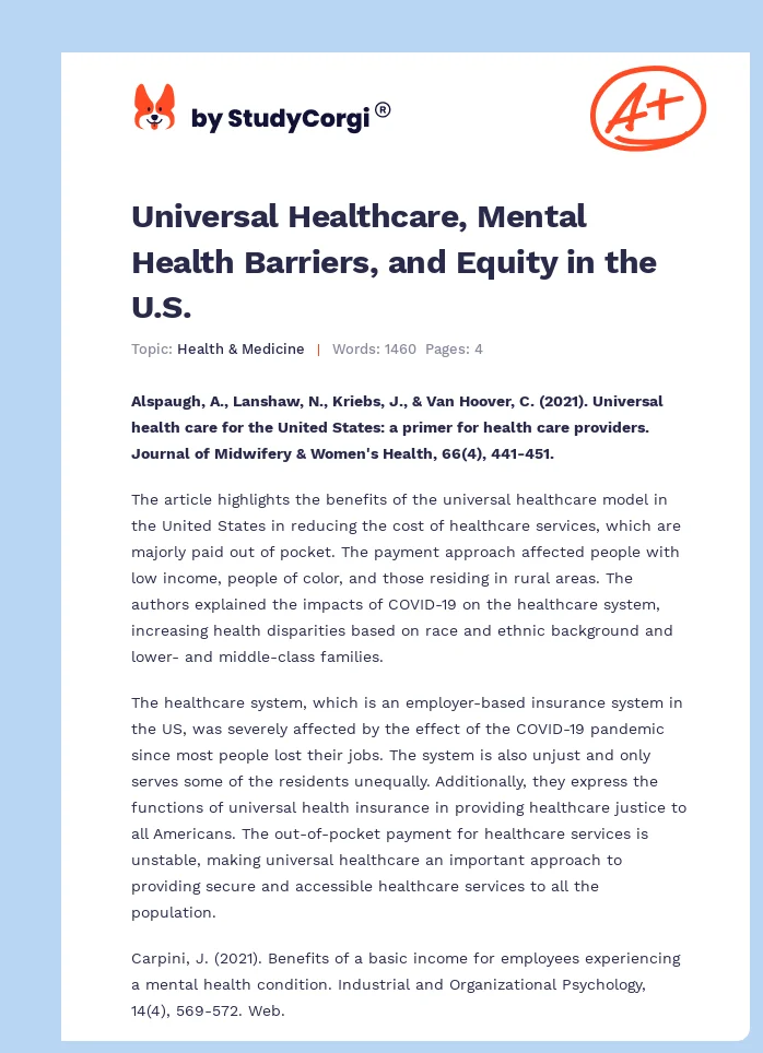 Universal Healthcare, Mental Health Barriers, and Equity in the U.S.. Page 1