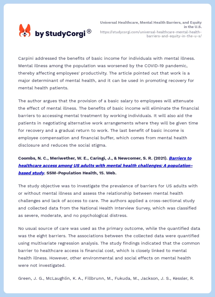 Universal Healthcare, Mental Health Barriers, and Equity in the U.S.. Page 2