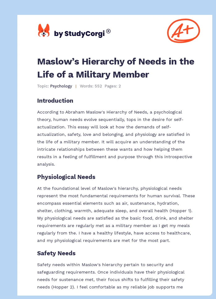 Maslow’s Hierarchy of Needs in the Life of a Military Member. Page 1