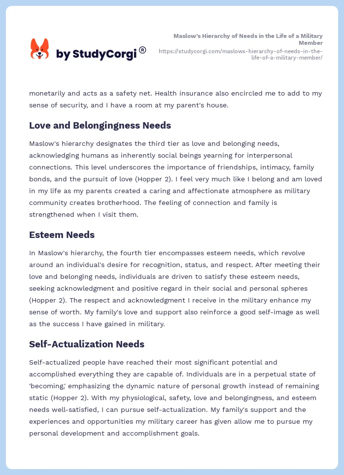 Maslow’s Hierarchy of Needs in the Life of a Military Member. Page 2