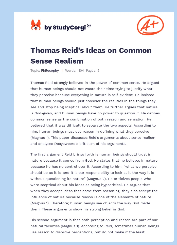Thomas Reid’s Ideas on Common Sense Realism. Page 1