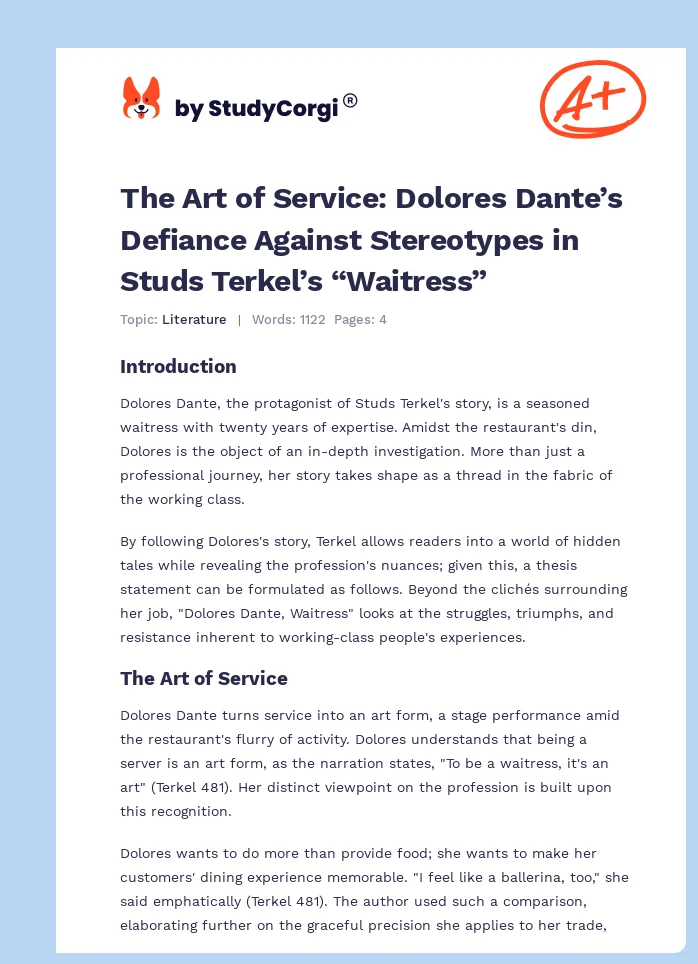The Art of Service: Dolores Dante’s Defiance Against Stereotypes in Studs Terkel’s “Waitress”. Page 1