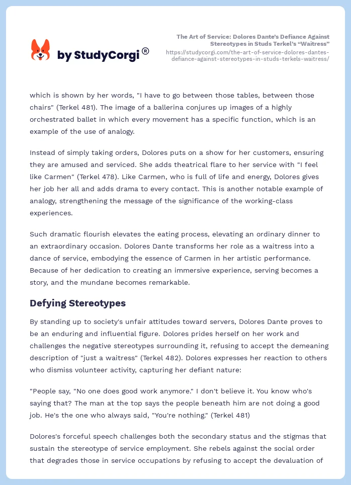 The Art of Service: Dolores Dante’s Defiance Against Stereotypes in Studs Terkel’s “Waitress”. Page 2