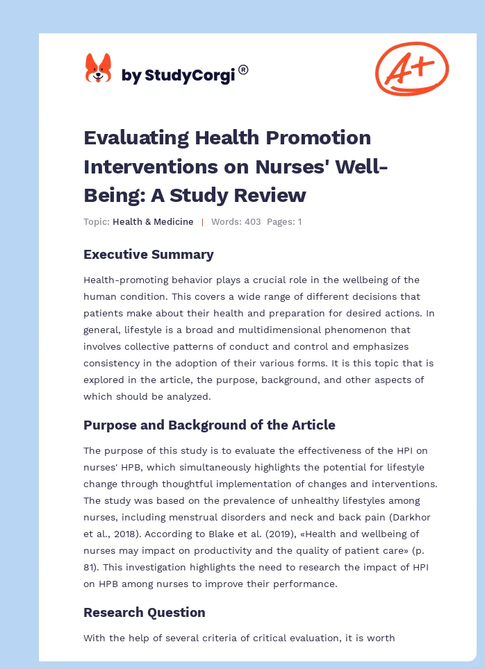 Evaluating Health Promotion Interventions on Nurses' Well-Being: A Study Review. Page 1