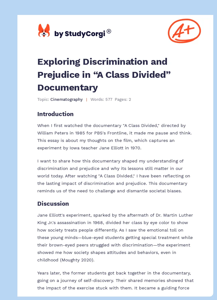 Exploring Discrimination and Prejudice in “A Class Divided” Documentary. Page 1