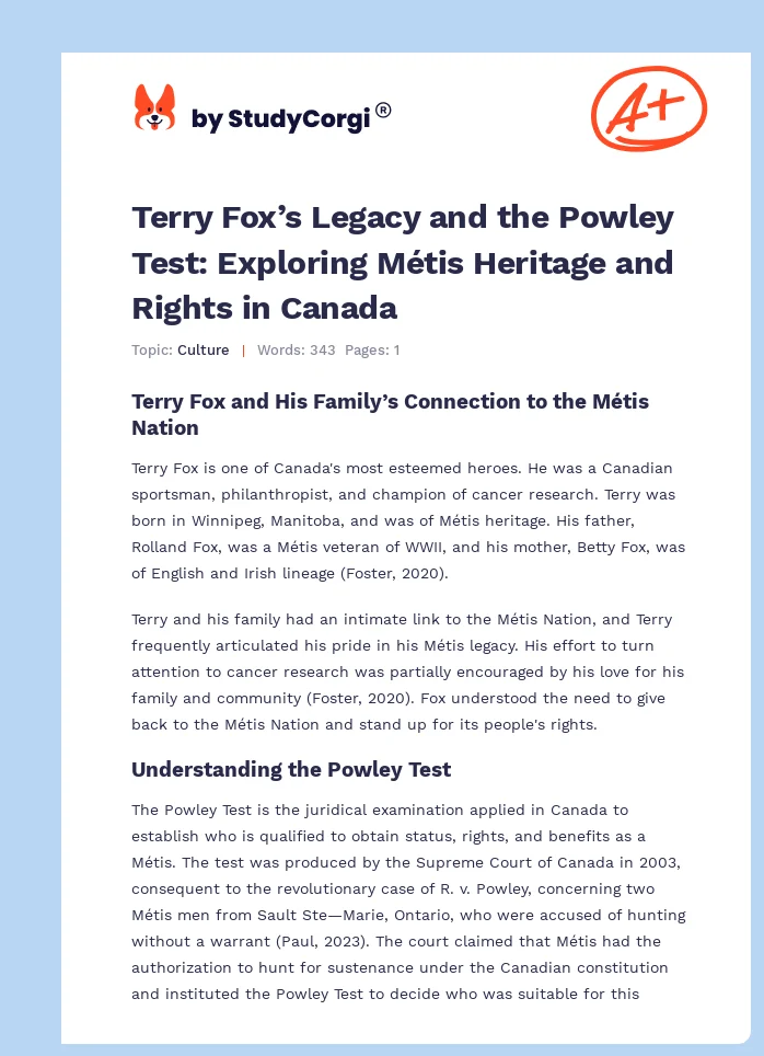 Terry Fox’s Legacy and the Powley Test: Exploring Métis Heritage and Rights in Canada. Page 1