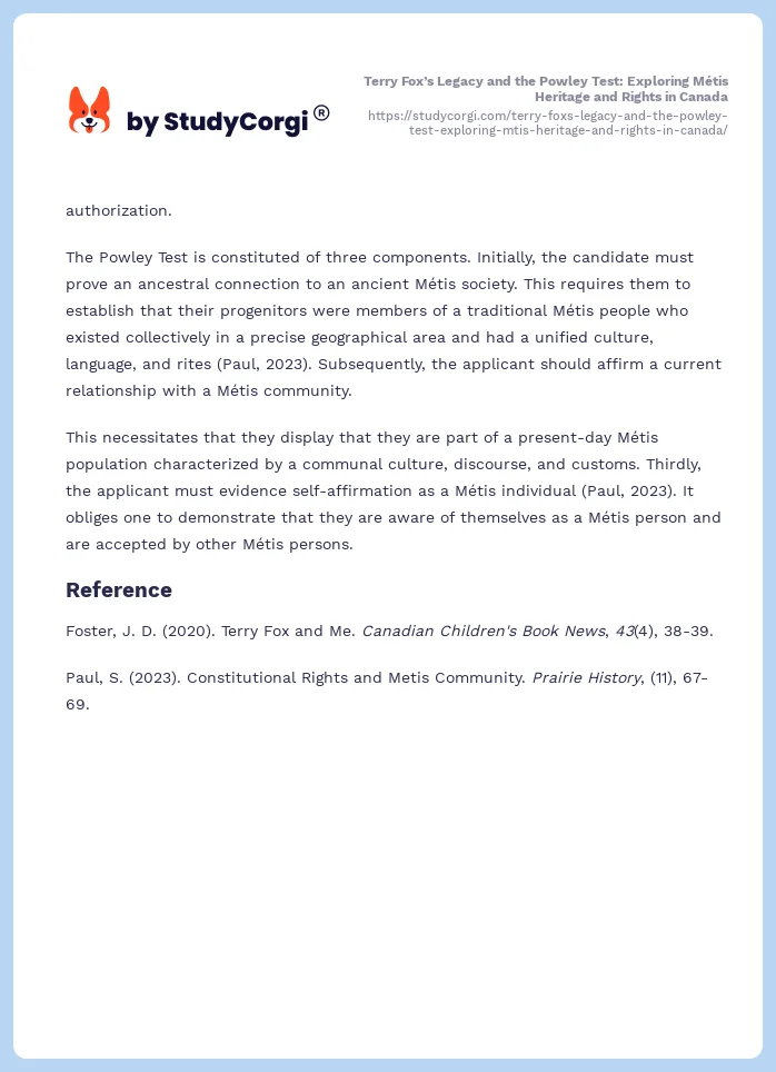Terry Fox’s Legacy and the Powley Test: Exploring Métis Heritage and Rights in Canada. Page 2