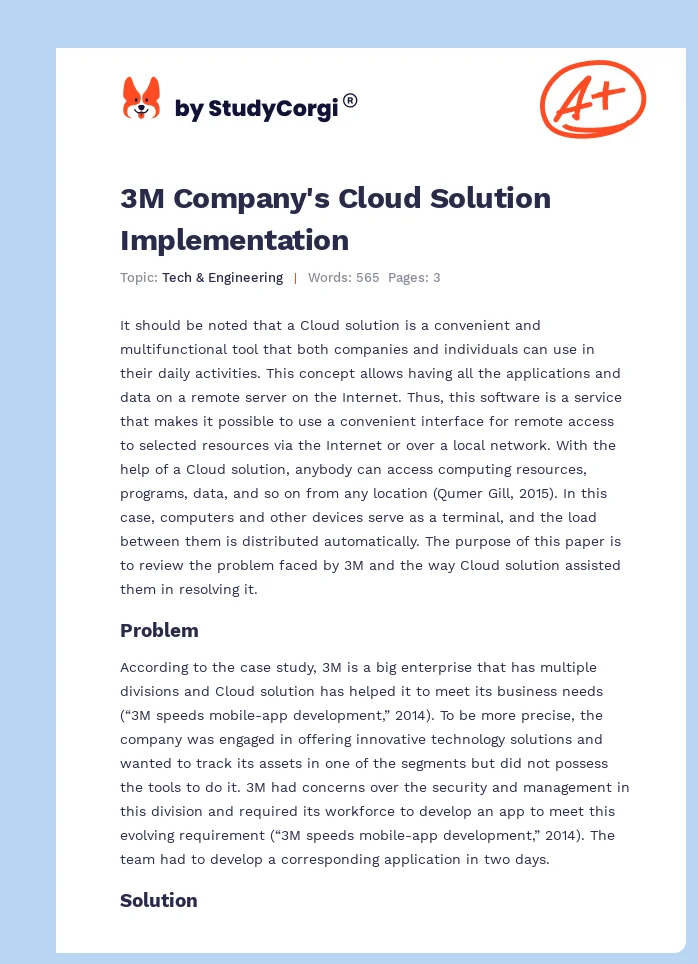 3M Company's Cloud Solution Implementation. Page 1