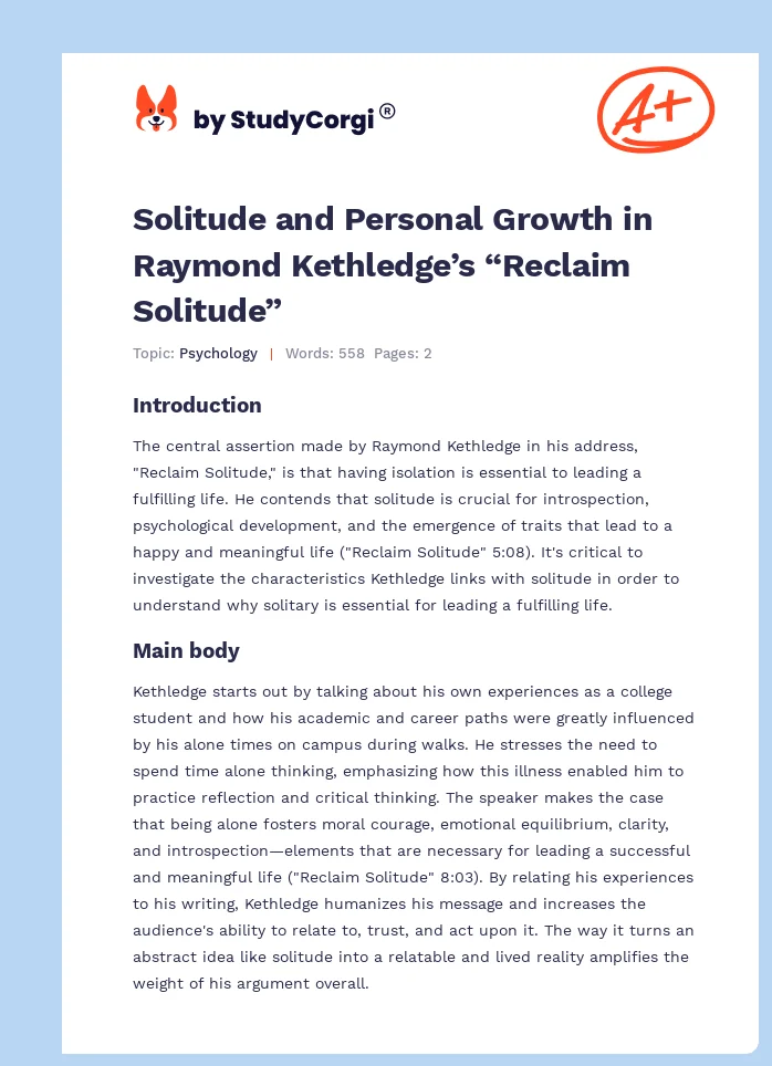 Solitude and Personal Growth in Raymond Kethledge’s “Reclaim Solitude”. Page 1