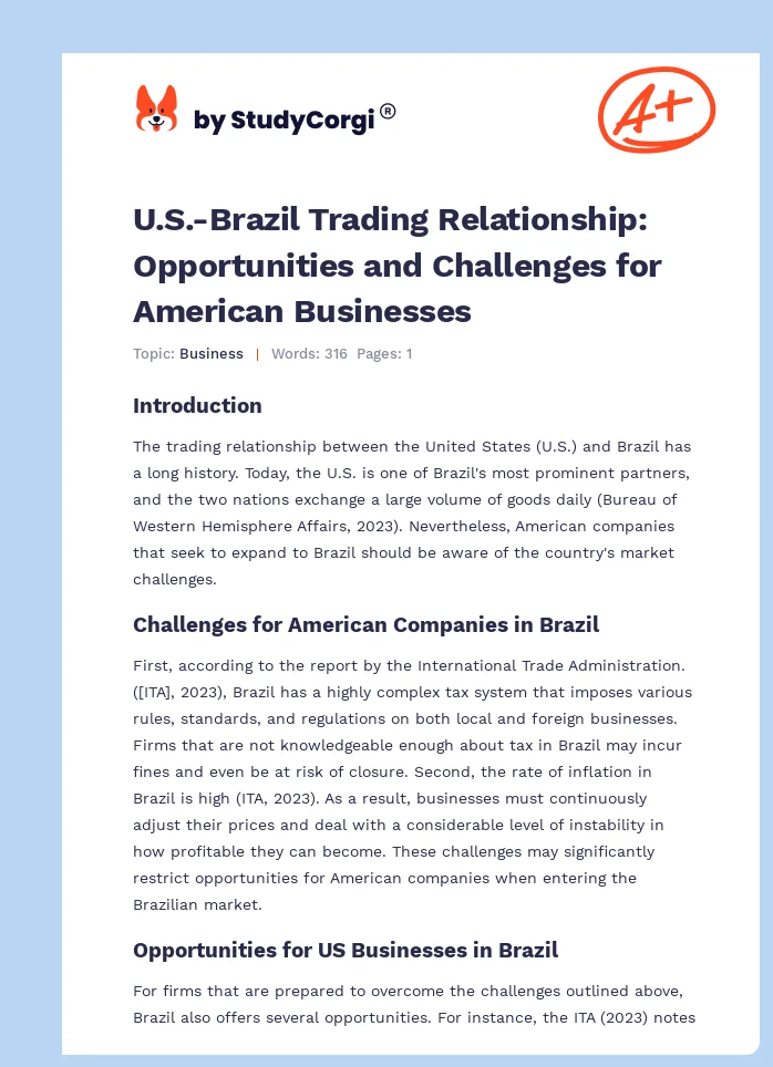 U.S.-Brazil Trading Relationship: Opportunities and Challenges for American Businesses. Page 1
