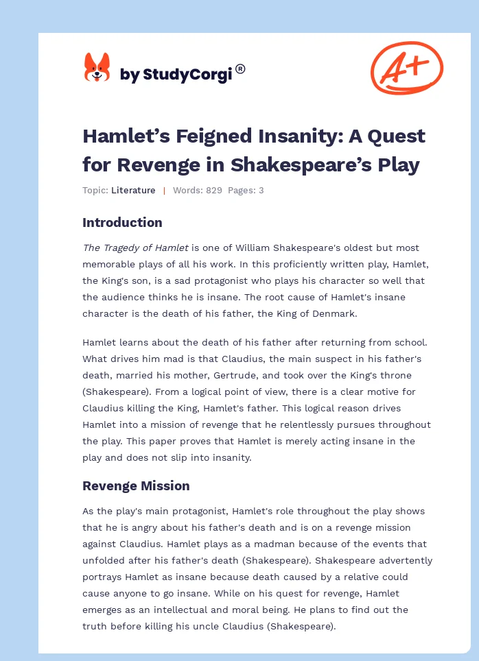 Hamlet’s Feigned Insanity: A Quest for Revenge in Shakespeare’s Play. Page 1