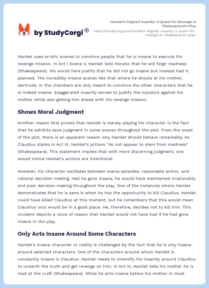 Hamlet’s Feigned Insanity: A Quest for Revenge in Shakespeare’s Play. Page 2