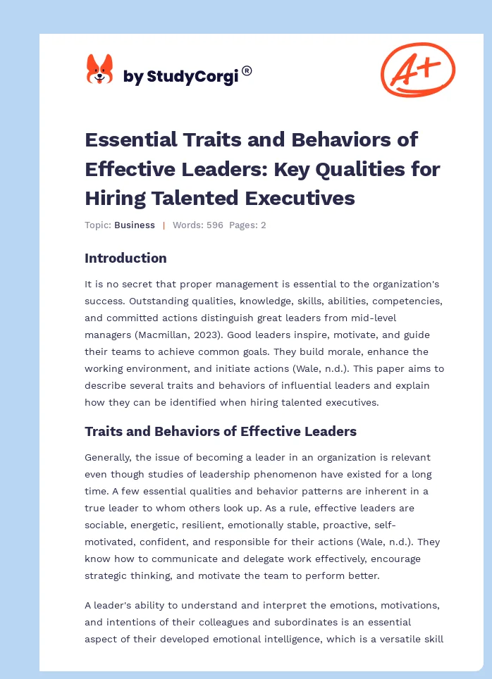 Essential Traits and Behaviors of Effective Leaders: Key Qualities for Hiring Talented Executives. Page 1