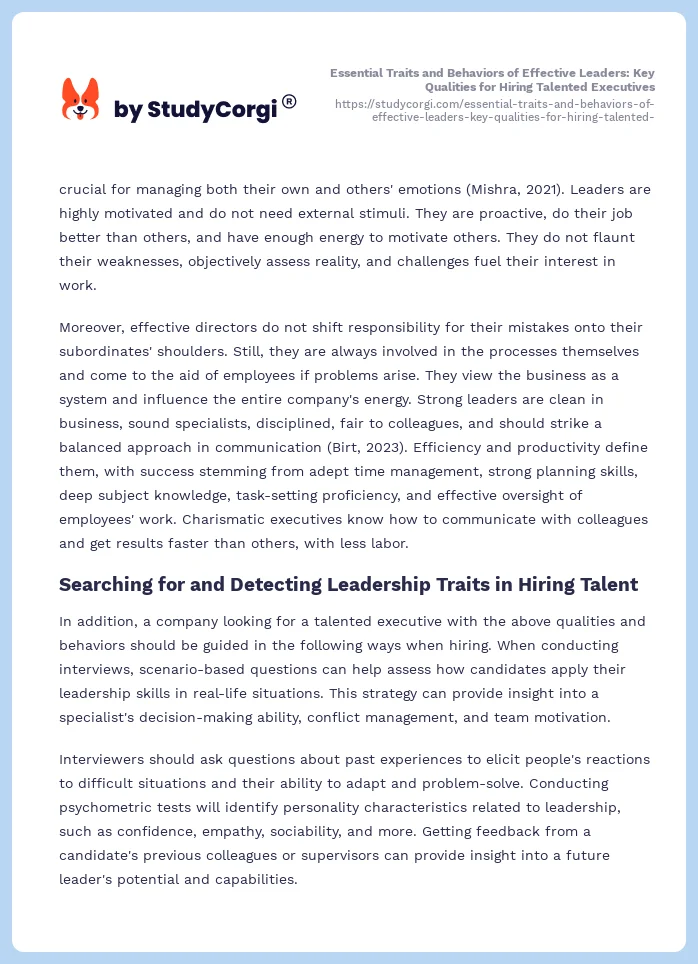 Essential Traits and Behaviors of Effective Leaders: Key Qualities for Hiring Talented Executives. Page 2
