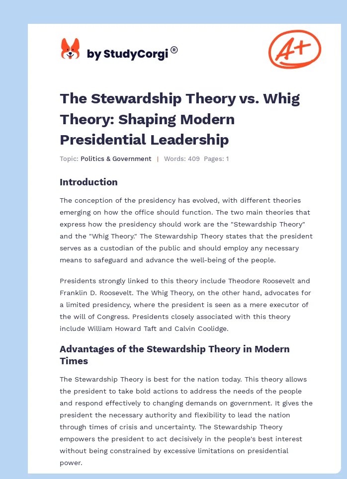 The Stewardship Theory vs. Whig Theory: Shaping Modern Presidential Leadership. Page 1