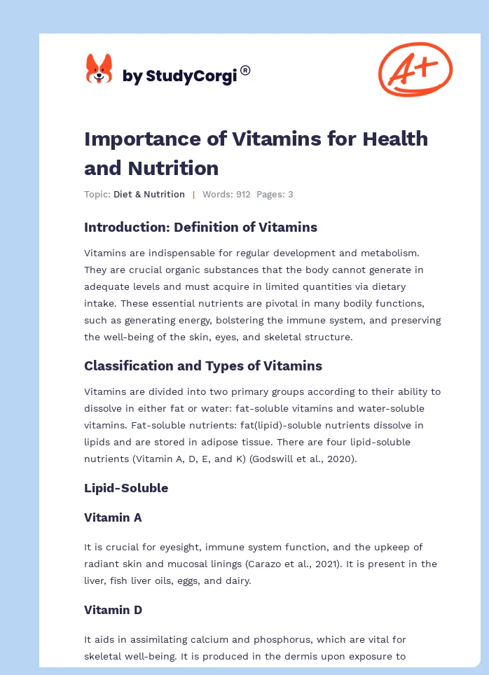 Importance of Vitamins for Health and Nutrition. Page 1