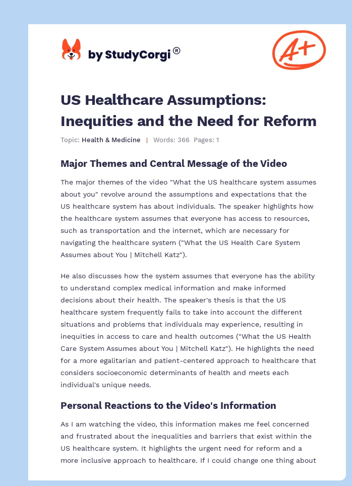 US Healthcare Assumptions: Inequities and the Need for Reform. Page 1