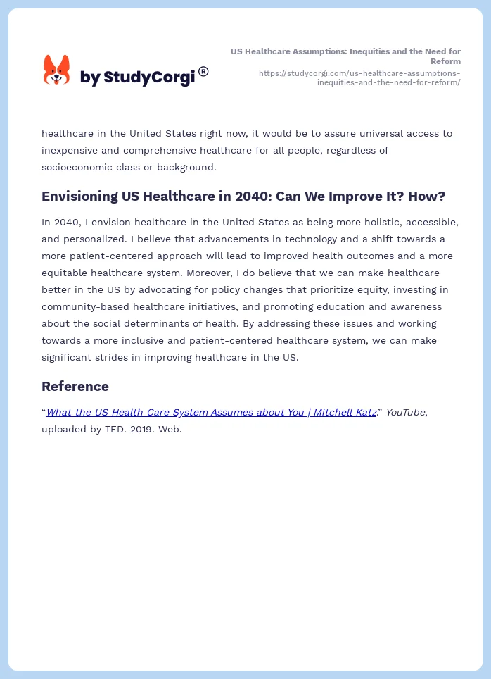 US Healthcare Assumptions: Inequities and the Need for Reform. Page 2